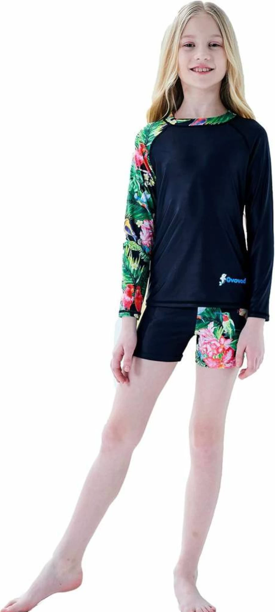 Ovovod Girls UPF 50+ Rash Guard Swim Set Long Sleeve Two Piece UV Protective Swimwear for Kids 4-14 Years