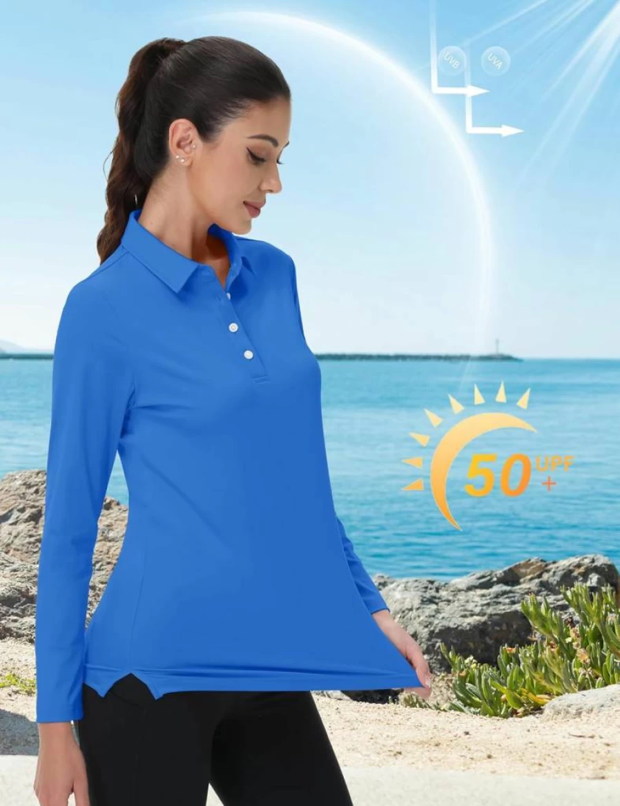 MAGCOMSEN Women's Long Sleeve Polo Shirt UPF 50+ Sun Protection Quick Dry Lightweight Athletic Golf Tennis Top