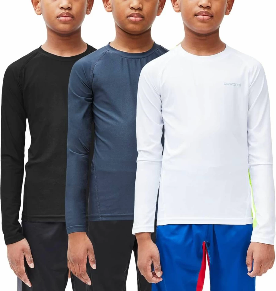DEVOPS Youth Boys Compression Baselayer Shirts - 2 or 3 Pack Athletic Performance Long Sleeve Tops
