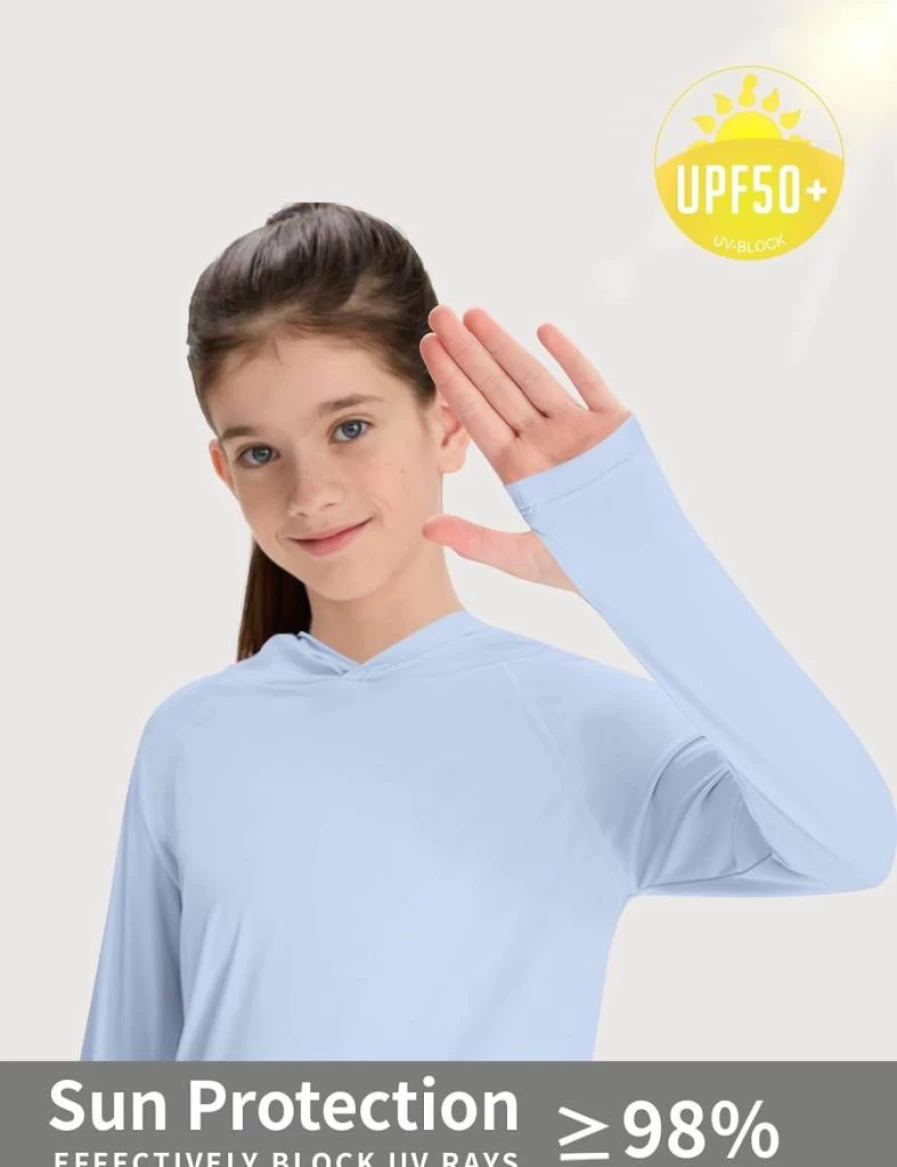 CHALLMOTI Girls UPF 50+ Rash Guard Swim Shirt Hoodie - Long Sleeve UV Protection Sun Shirt, Quick Dry Lightweight Swim Top for Swimming & Beach
