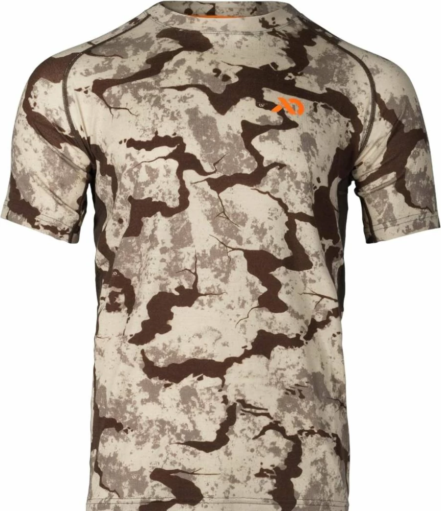 First Lite Men's Camo Hunting Shirt - Merino Wool Short Sleeve Crew with UV Protection & Moisture Wicking for Base Layer