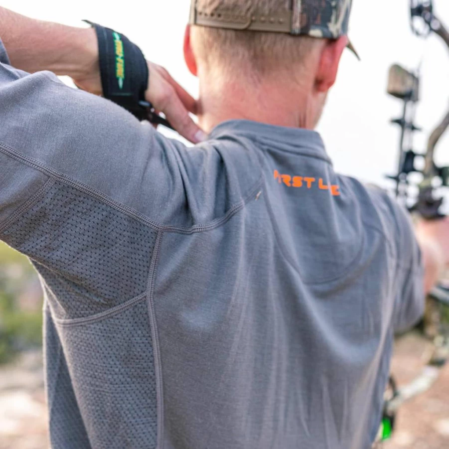 First Lite Men's Camo Hunting Shirt - Merino Wool Short Sleeve Crew with UV Protection & Moisture Wicking for Base Layer
