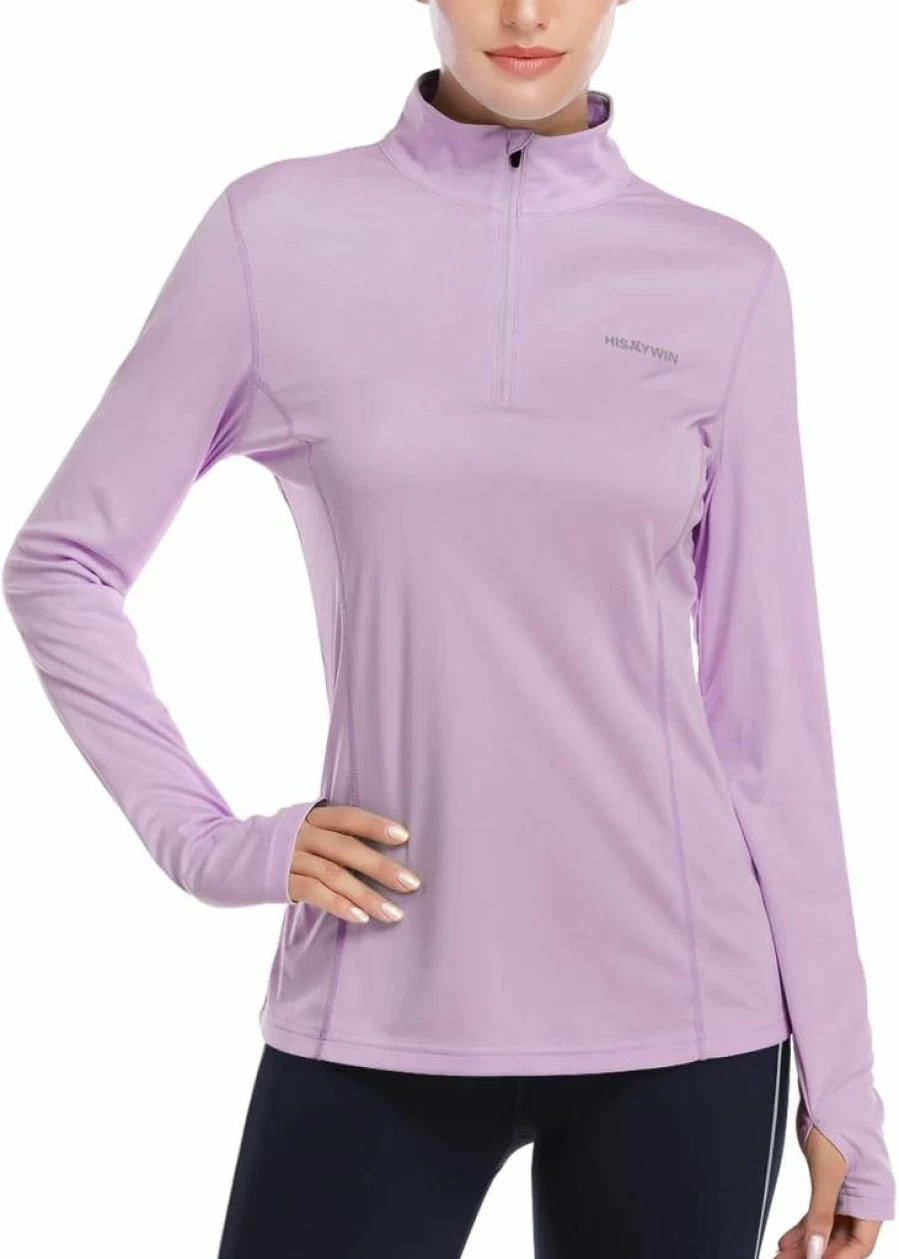 HISKYWIN Women's UPF 50+ Long Sleeve Half-Zip Workout Shirt with Thumb Holes for Sun Protection & Outdoor Activities