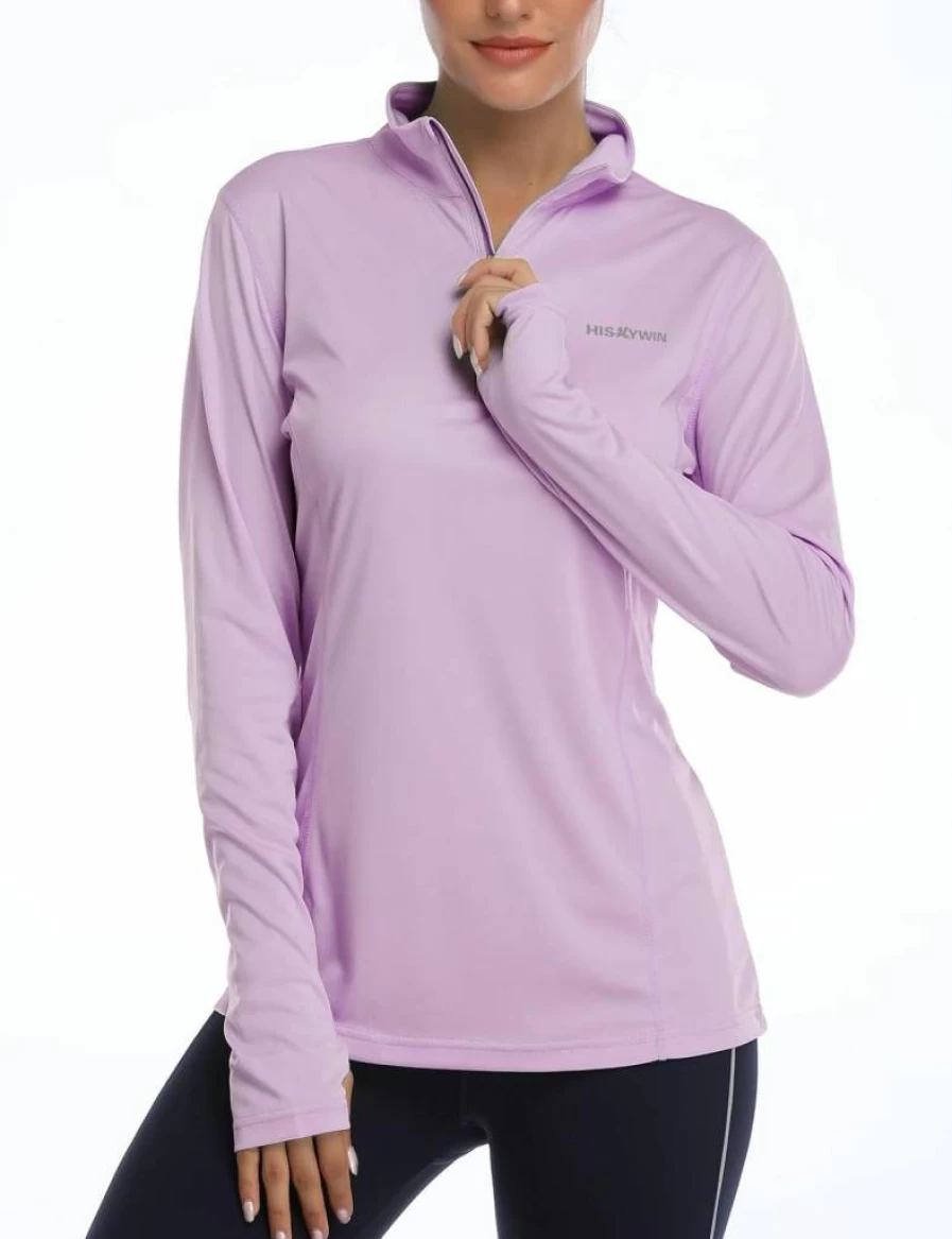HISKYWIN Women's UPF 50+ Long Sleeve Half-Zip Workout Shirt with Thumb Holes for Sun Protection & Outdoor Activities