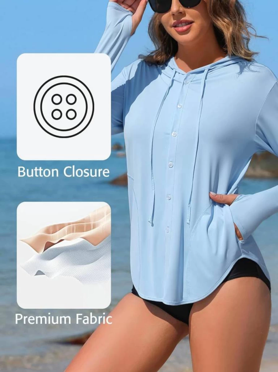 ATTRACO Women's UPF 50+ Sun Protection Hoodie Rash Guard - SPF Beach Shirt with Button Down Design for Swim & Outdoor