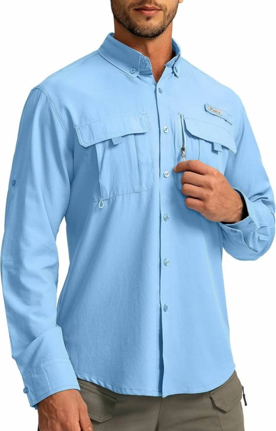 Pudolla Men's UPF50+ Sun Protection Fishing Shirt - Long Sleeve Travel & Work Shirt with Zipper Pockets, Button Down Casual Outdoor Shirt