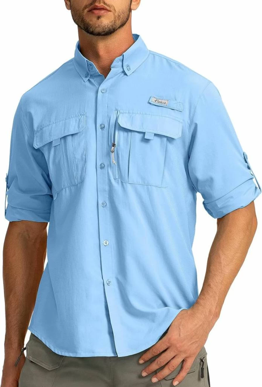 Pudolla Men's UPF50+ Sun Protection Fishing Shirt - Long Sleeve Travel & Work Shirt with Zipper Pockets, Button Down Casual Outdoor Shirt