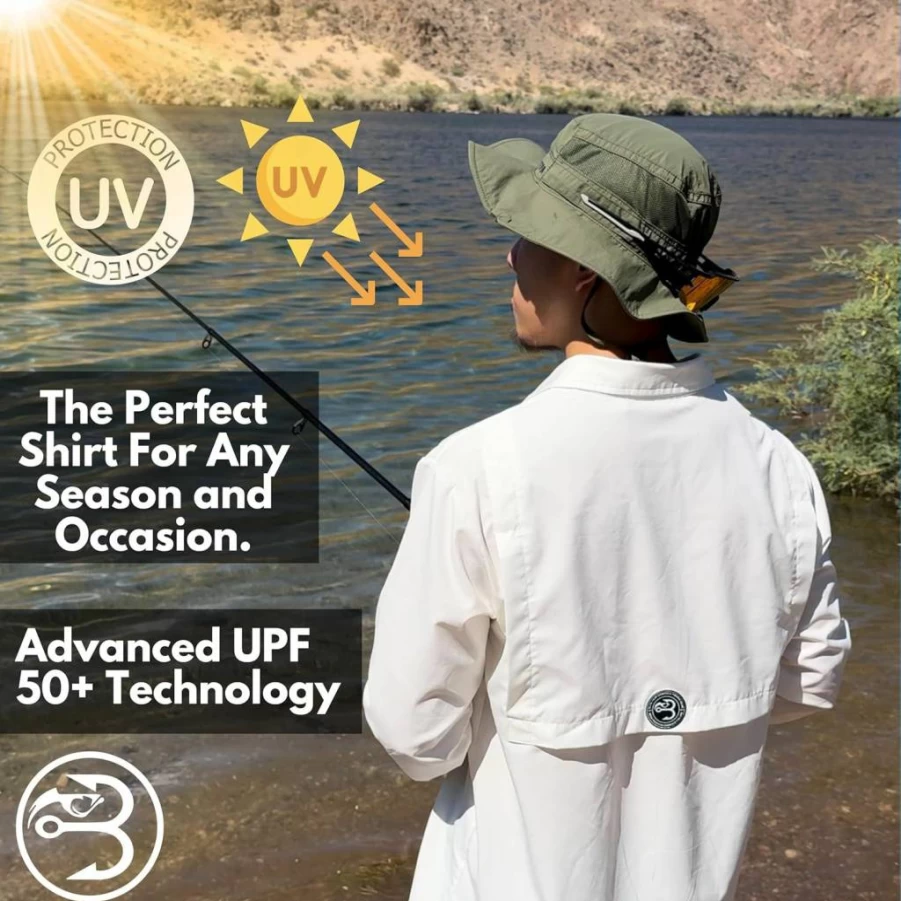 Baitium Men's UPF 50+ Sun Protection Long Sleeve Fishing Shirt - Lightweight Quick-Dry Button-Up UV Shirt for Outdoor Activities