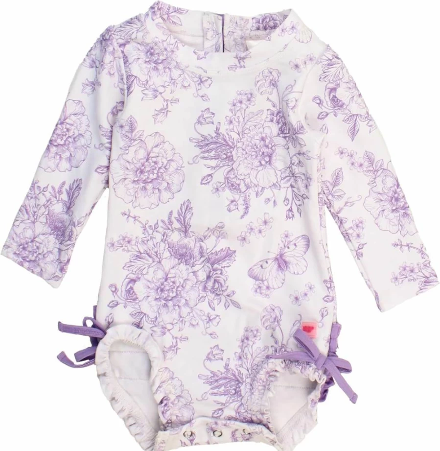 RuffleButts Baby Girls UPF 50+ Floral Print Long Sleeve One-Piece Rash Guard Swimsuit with Front Zipper Sun Protection Swimwear