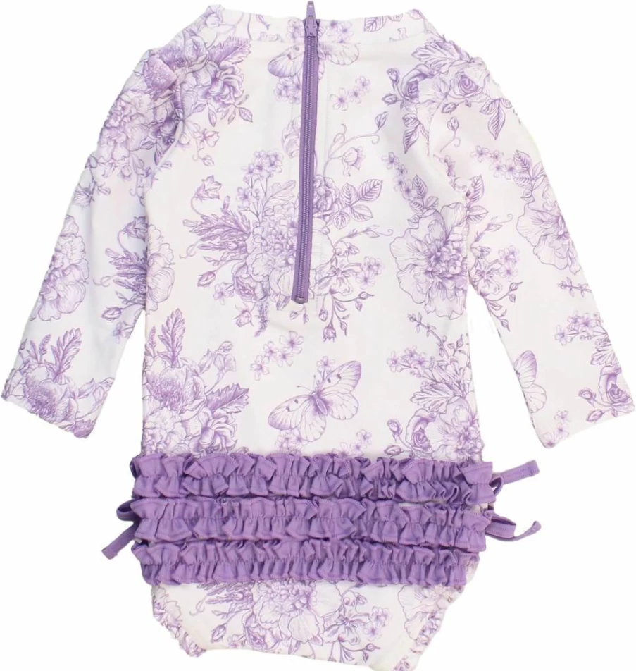 RuffleButts Baby Girls UPF 50+ Floral Print Long Sleeve One-Piece Rash Guard Swimsuit with Front Zipper Sun Protection Swimwear