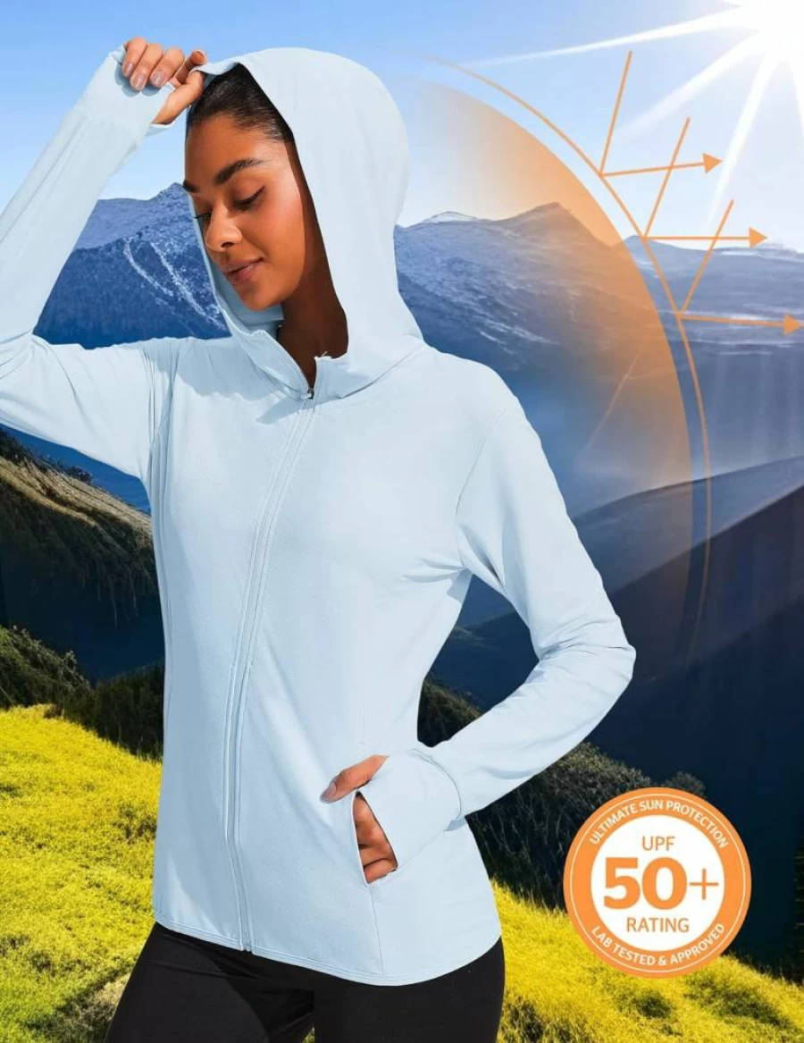 COOrun Women's UPF 50+ Sun Protection Hoodie Jacket - Full Zip Long Sleeve Active Shirt for Outdoor Hiking & Running