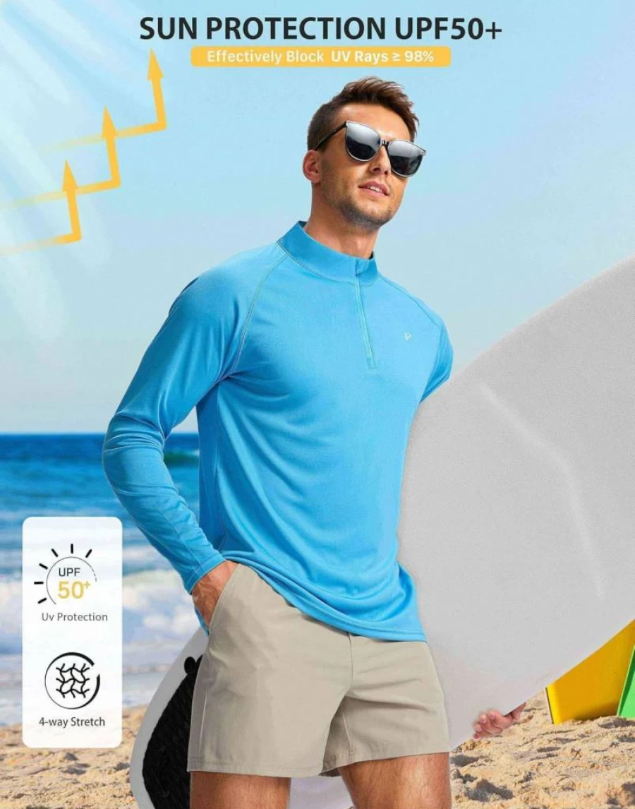Pudolla Men's 1/4 Zip UPF 50+ Long Sleeve Rash Guard Shirt for Fishing, Hiking, Running & Outdoor Activities
