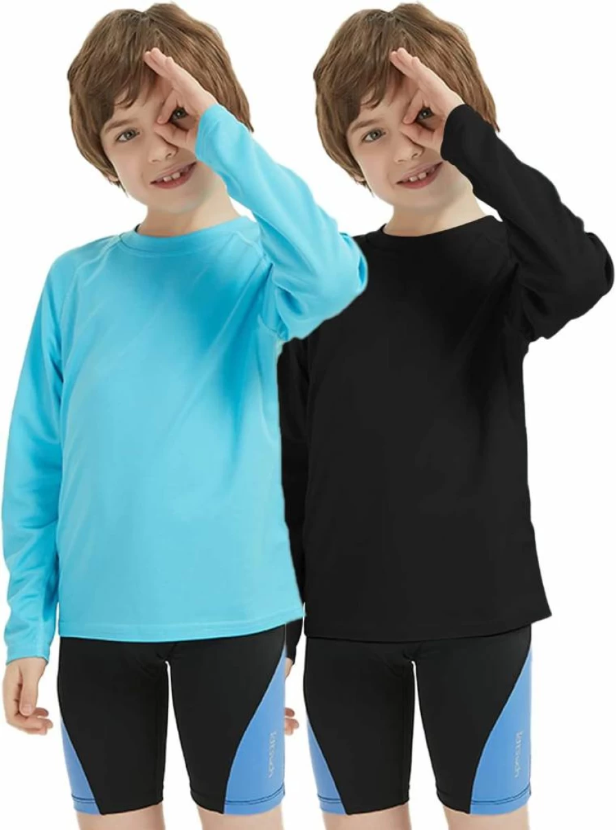 QBK Boys UPF50+ Sun Protection Rash Guard - 2 Pack Long Sleeve Swim Shirts for Kids, UV Swim Shirt for Surfing & Swimming