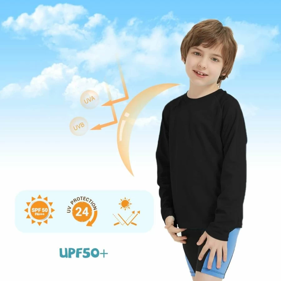 QBK Boys UPF50+ Sun Protection Rash Guard - 2 Pack Long Sleeve Swim Shirts for Kids, UV Swim Shirt for Surfing & Swimming