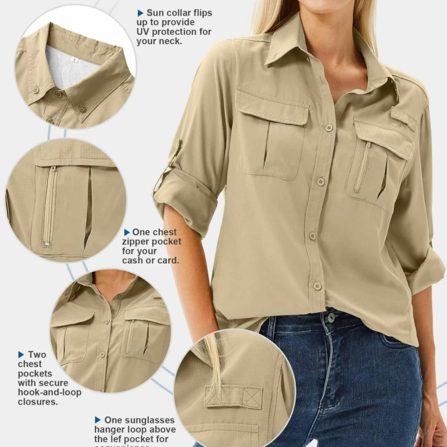 Anteef Women's UPF 50+ Safari Shirt - Long Sleeve Quick Dry Sun Protection Top for Hiking, Fishing & Outdoor Activities