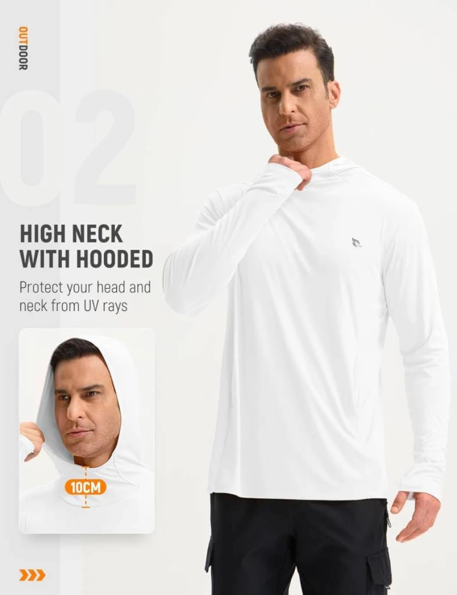 Baleaf Men's UPF 50+ Sun Protection Hoodie with Kangaroo Pocket - UV SPF Performance Fishing Shirt Long Sleeve Rash Guard