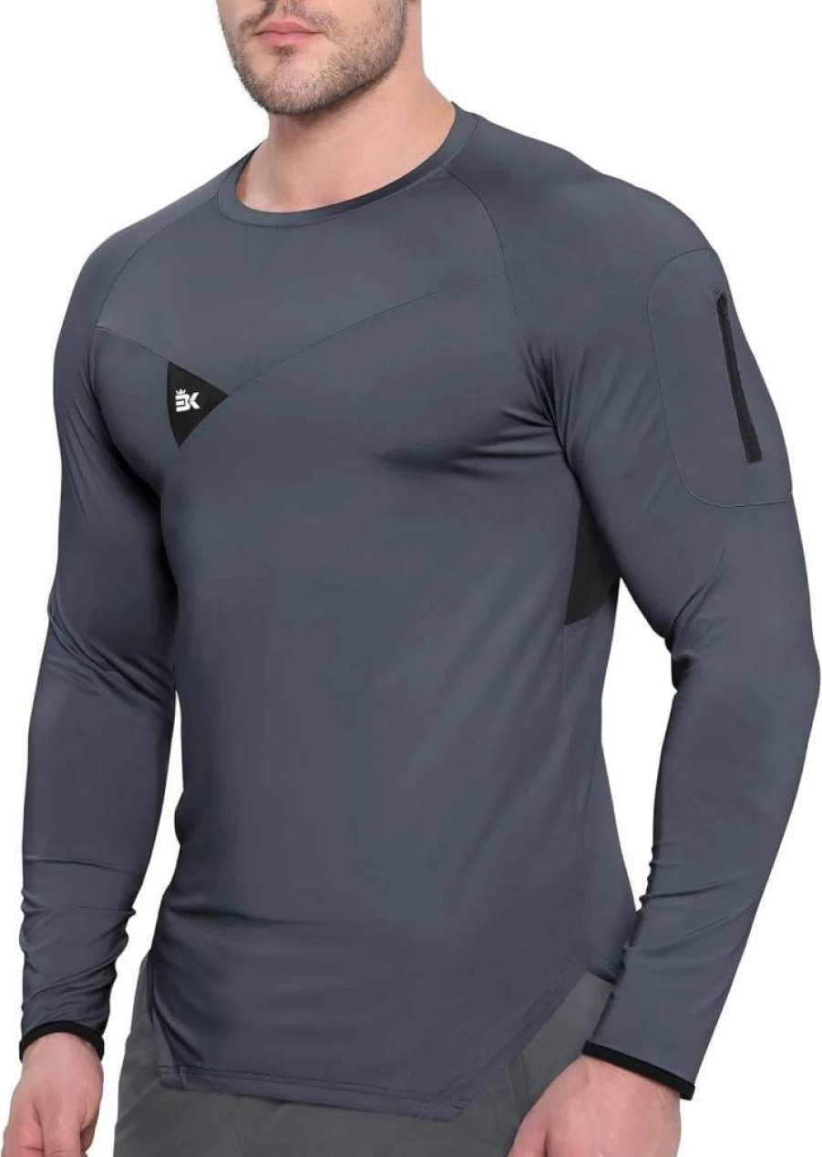 BROKIG Men's UPF 50+ Sun Protection Long Sleeve Running Shirt with Zip Pocket - Quick Dry Workout & Gym T-Shirt for Jogging