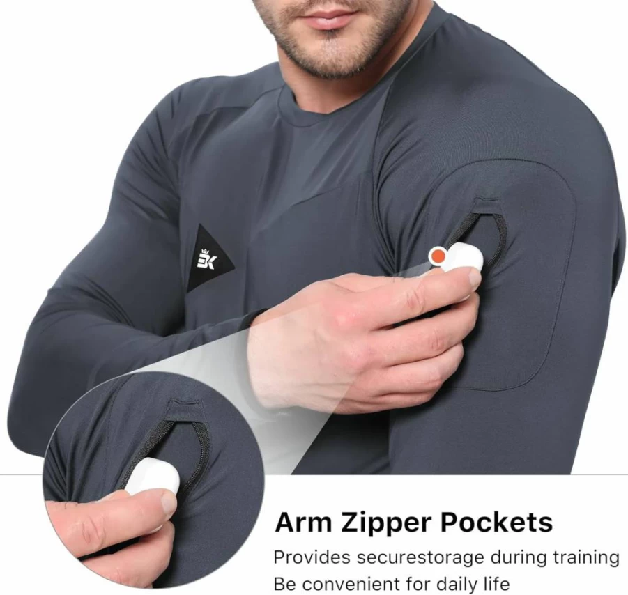 BROKIG Men's UPF 50+ Sun Protection Long Sleeve Running Shirt with Zip Pocket - Quick Dry Workout & Gym T-Shirt for Jogging