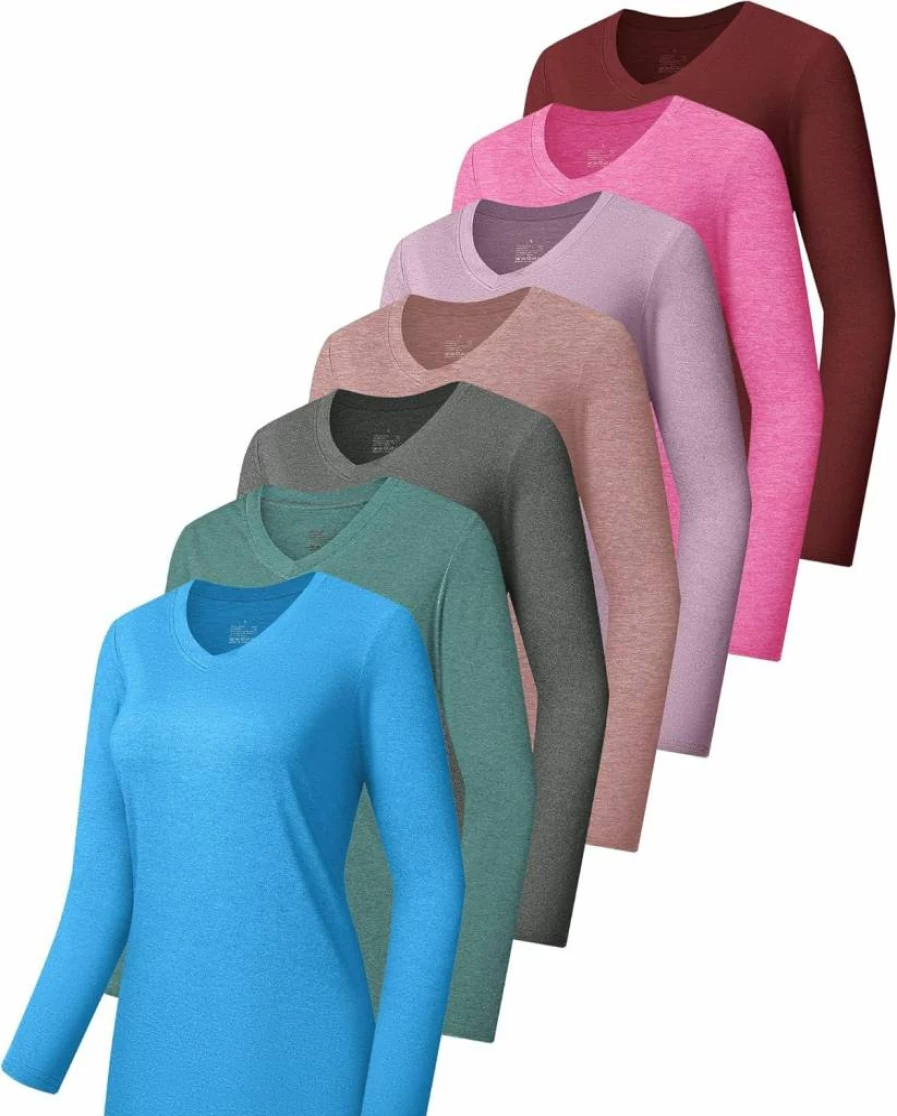Rolimaka Women's 7 Pack Long Sleeve UV Protection Shirts UPF 50+ Quick Dry Athletic Tops for Running & Workout V Neck