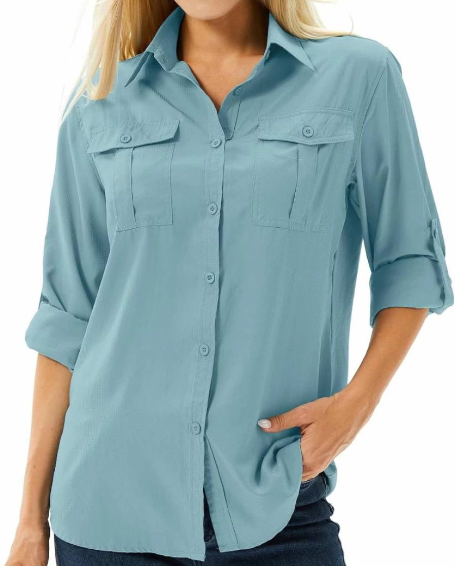 Linlon Women's UPF 50+ Long Sleeve Safari Shirt - Quick Dry, UV Protection, Cooling Travel & Hiking Shirt for Fishing, Camping