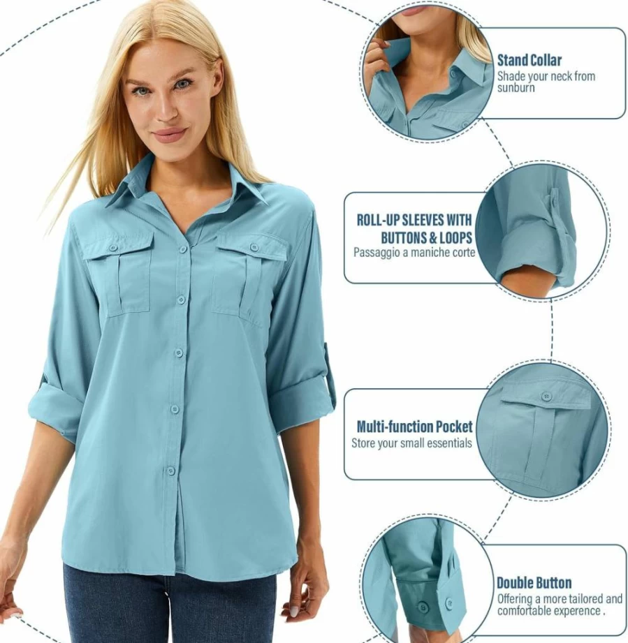 Linlon Women's UPF 50+ Long Sleeve Safari Shirt - Quick Dry, UV Protection, Cooling Travel & Hiking Shirt for Fishing, Camping