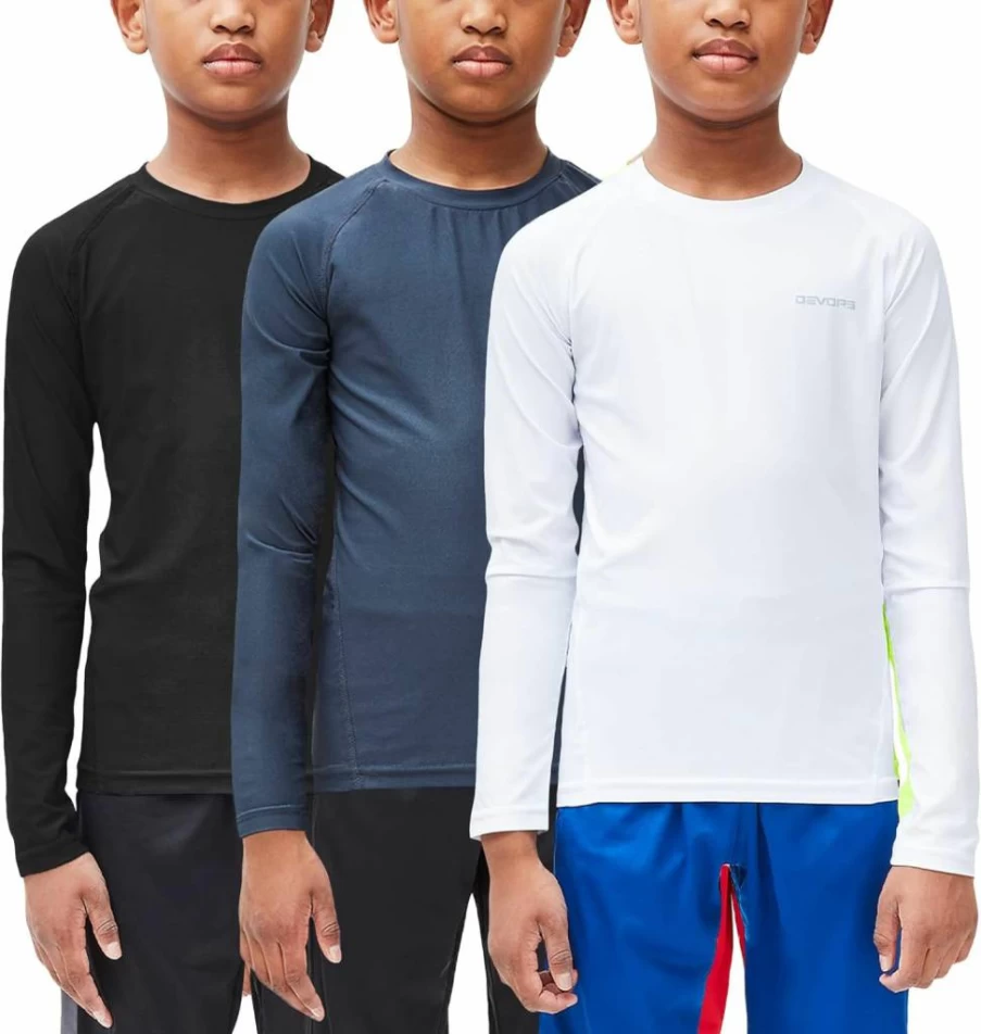 DEVOPS Youth Boys Compression Baselayer Shirts - 2 or 3 Pack Athletic Performance Long Sleeve Tops
