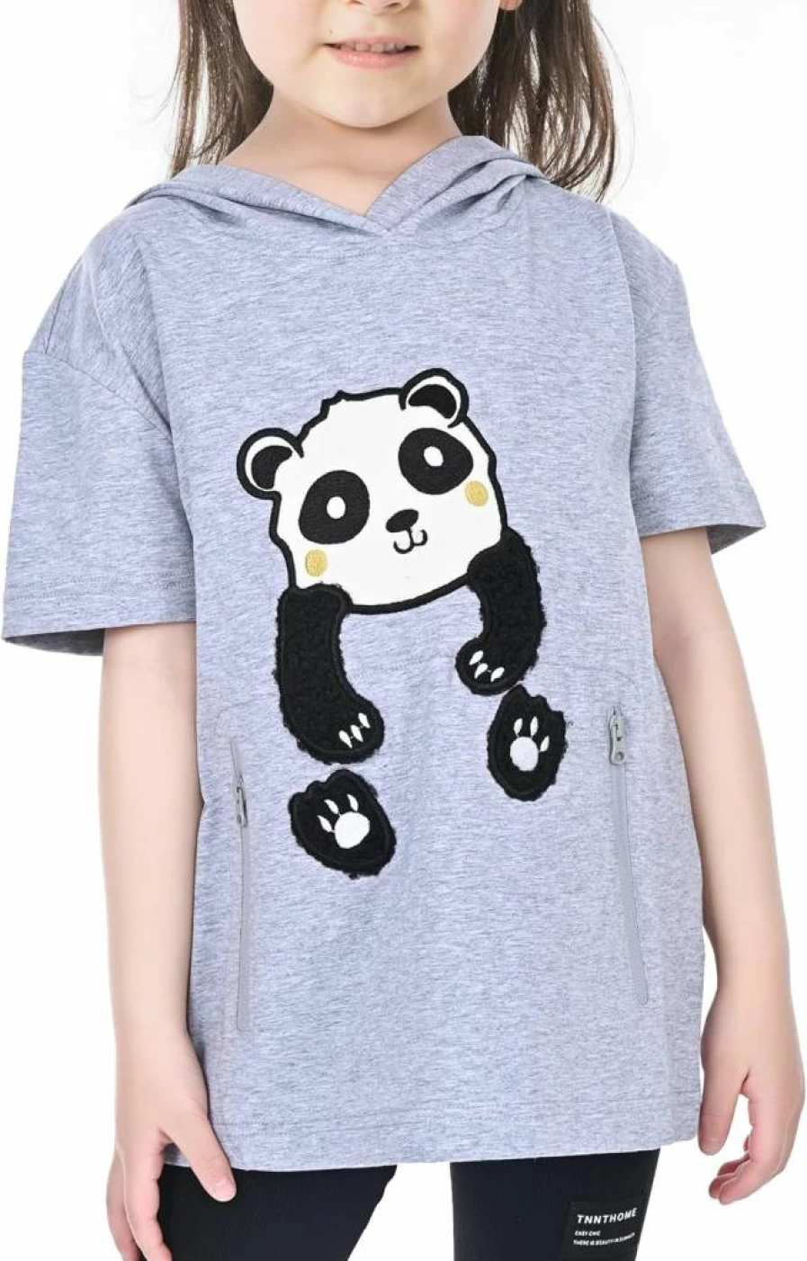 YINGJIELIDE Boys' Panda Graphic Cotton T-Shirt with Zipper Pocket, UV Protection Short Sleeve Kids Top for Ages 3-10