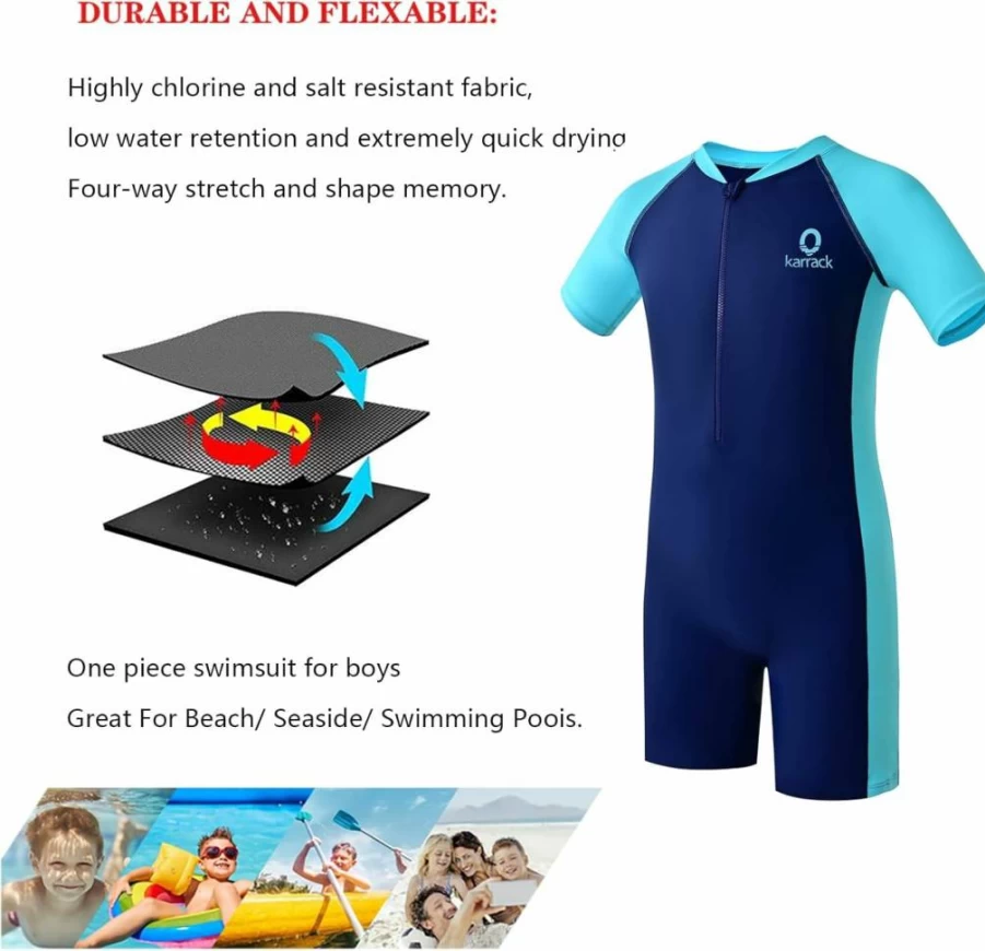 Karrack UPF 50+ Kids Rash Guard Swimsuits - Boys & Girls One-Piece Sun Protective Bathing Suits for Water Sports