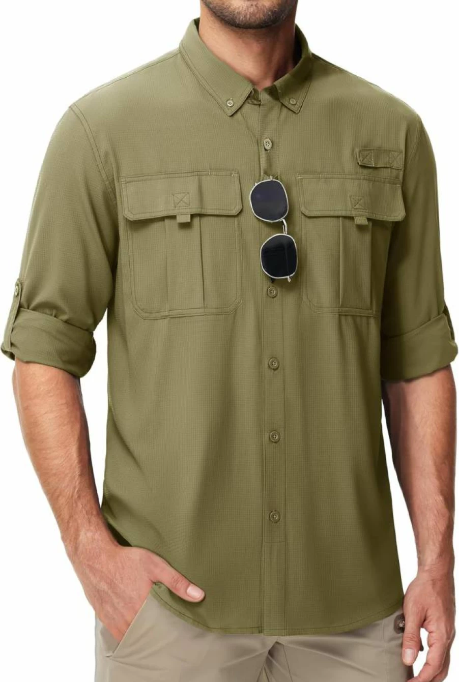 MAGCOMSEN Men's UPF 50+ Sun Protection Shirt Long Sleeve Quick Dry Button Down Fishing Hiking Safari Travel Shirt