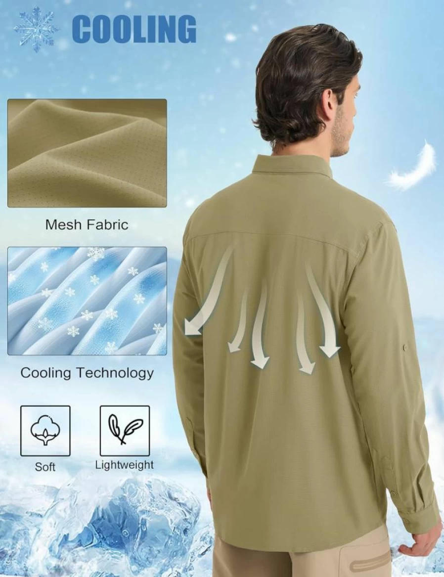 MAGCOMSEN Men's UPF 50+ Sun Protection Shirt Long Sleeve Quick Dry Button Down Fishing Hiking Safari Travel Shirt