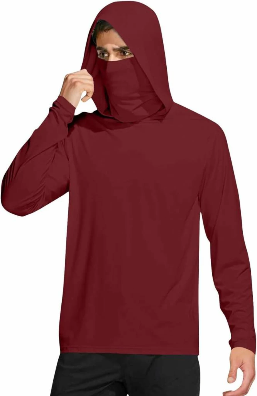 Men's UPF 50+ Sun Protection Hooded Rash Guard Long Sleeve Shirt with Face Mask - Lightweight UV Fishing & Workout Sun Hoodie
