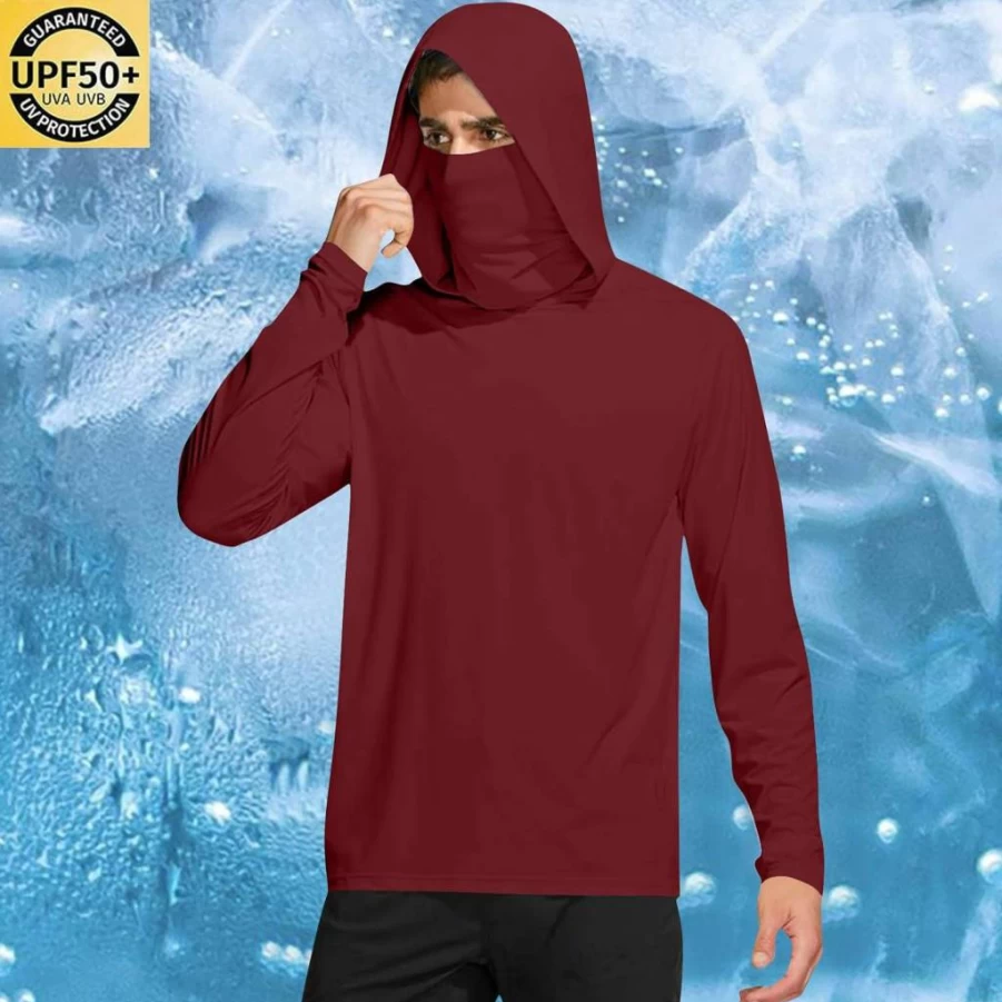 Men's UPF 50+ Sun Protection Hooded Rash Guard Long Sleeve Shirt with Face Mask - Lightweight UV Fishing & Workout Sun Hoodie
