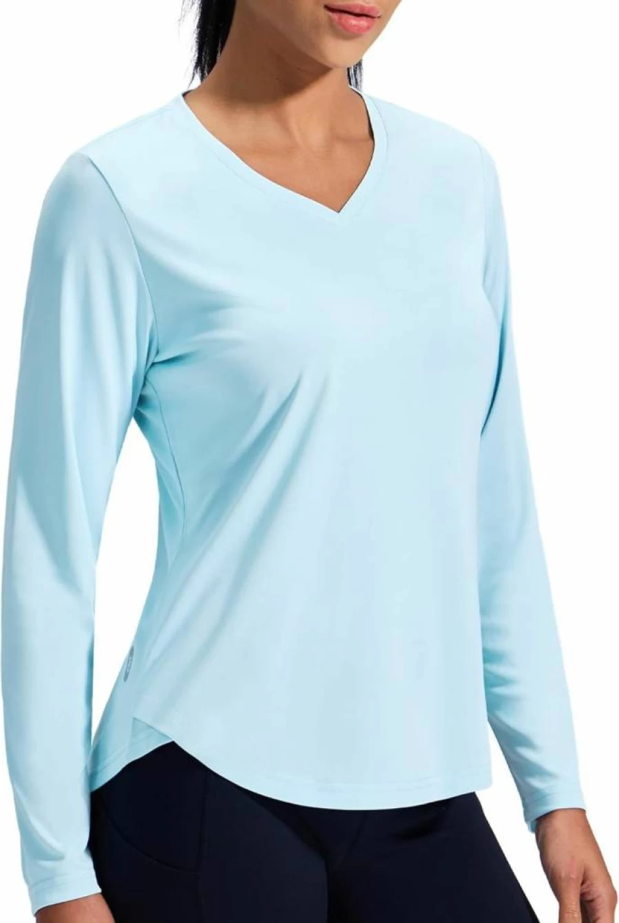 MIER Women's V-Neck UPF 50+ Sun Protection Long Sleeve Workout Shirt - Moisture Wicking Athletic Running Gym T-Shirt