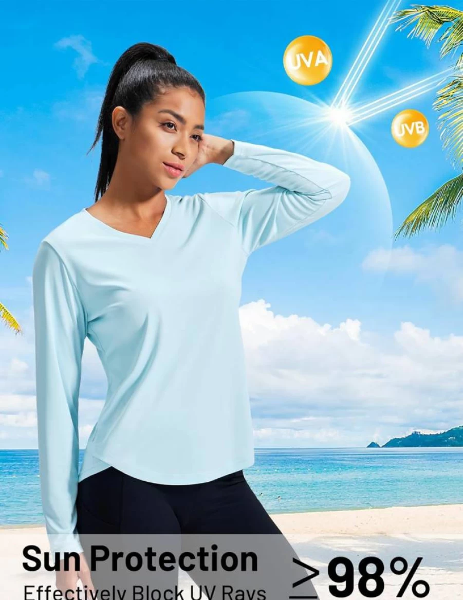 MIER Women's V-Neck UPF 50+ Sun Protection Long Sleeve Workout Shirt - Moisture Wicking Athletic Running Gym T-Shirt