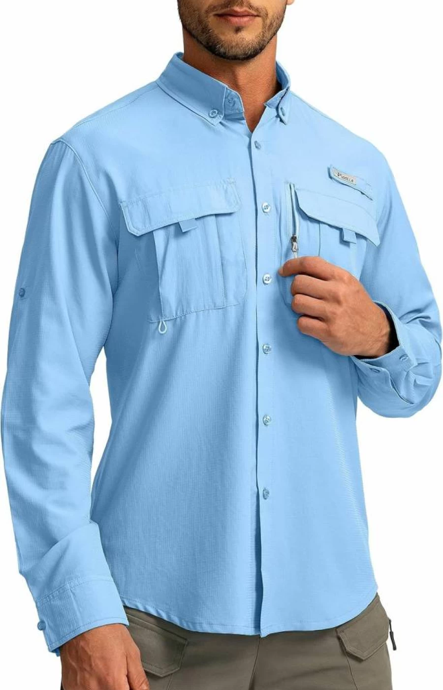 Pudolla Men's UPF50+ Sun Protection Fishing Shirt Long Sleeve Travel Work Shirt with Zipper Pockets Button Down Shirt