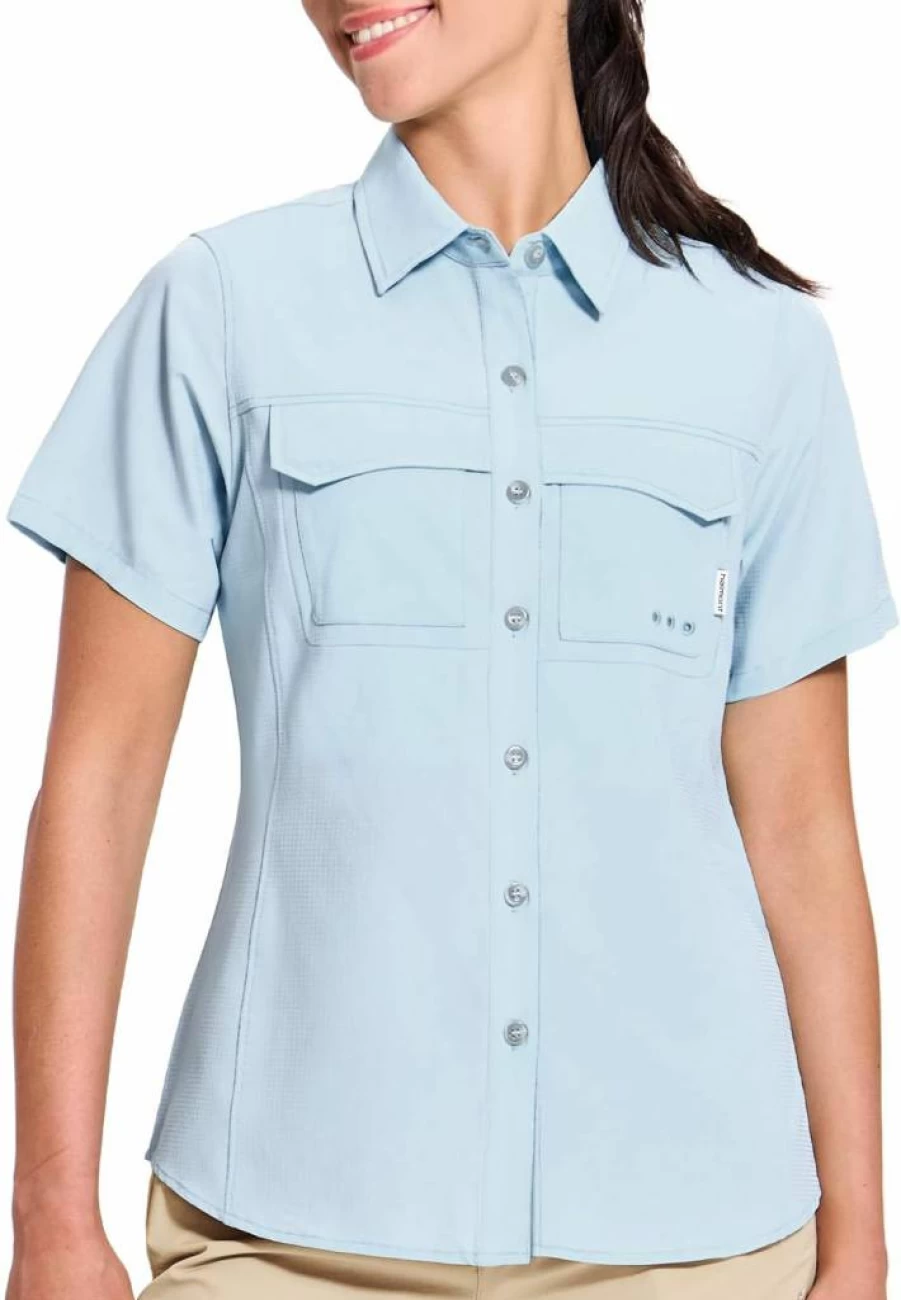 Haimont Women's UPF 50+ Sun Protection Short Sleeve Shirt - Quick Dry Fishing Hiking Travel Button Down Shirt with Pockets