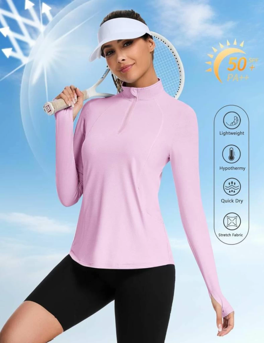 Loovoo Women's UPF 50+ Sun Protection Long Sleeve 1/4 Zip Pullover - Lightweight Quick Dry Hiking & Workout Top for Summer