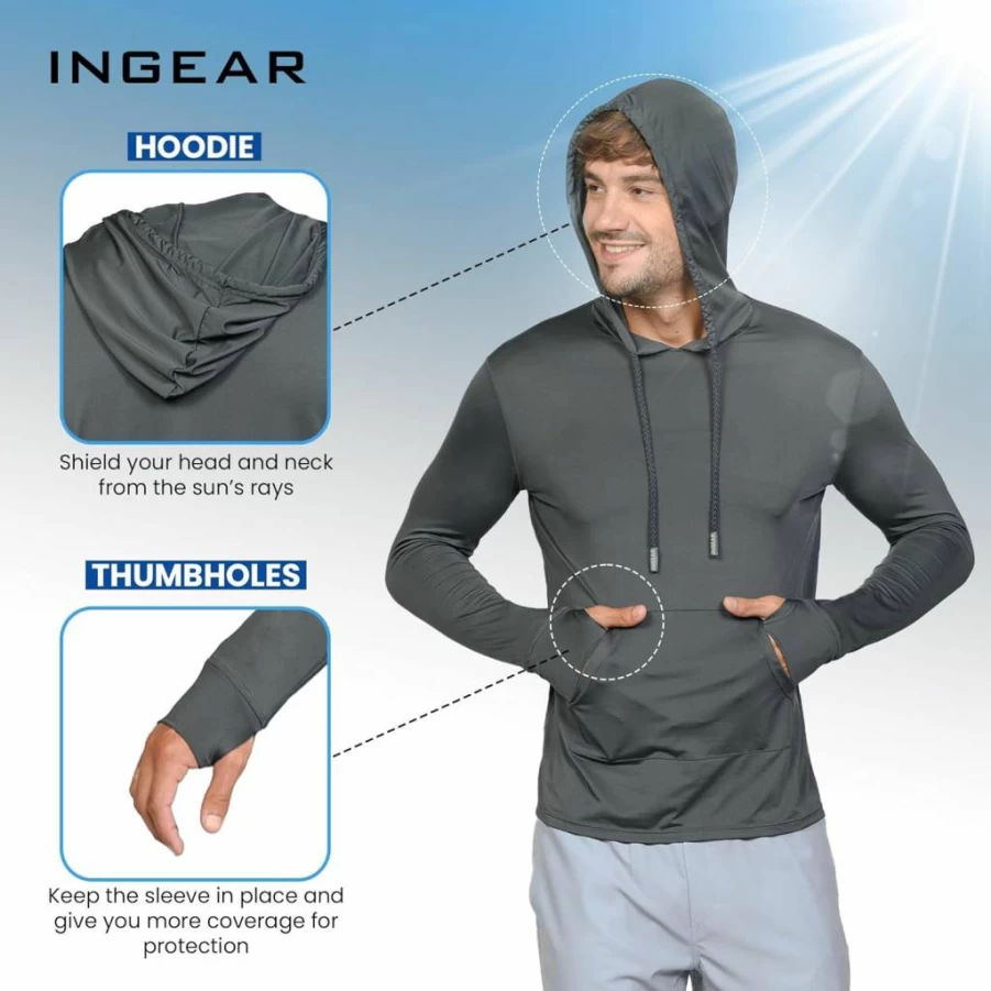 INGEAR Men's SPF 50+ UV Protection Hoodie - Lightweight Sun Shirt for Fishing, Running, Hiking & Swim Rash Guard in Marina Blue with Pocket