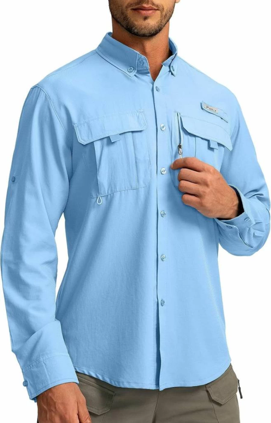 Pudolla Men's UPF50+ Sun Protection Fishing Shirt Long Sleeve Travel Work Shirt with Zipper Pockets Button Down Shirt