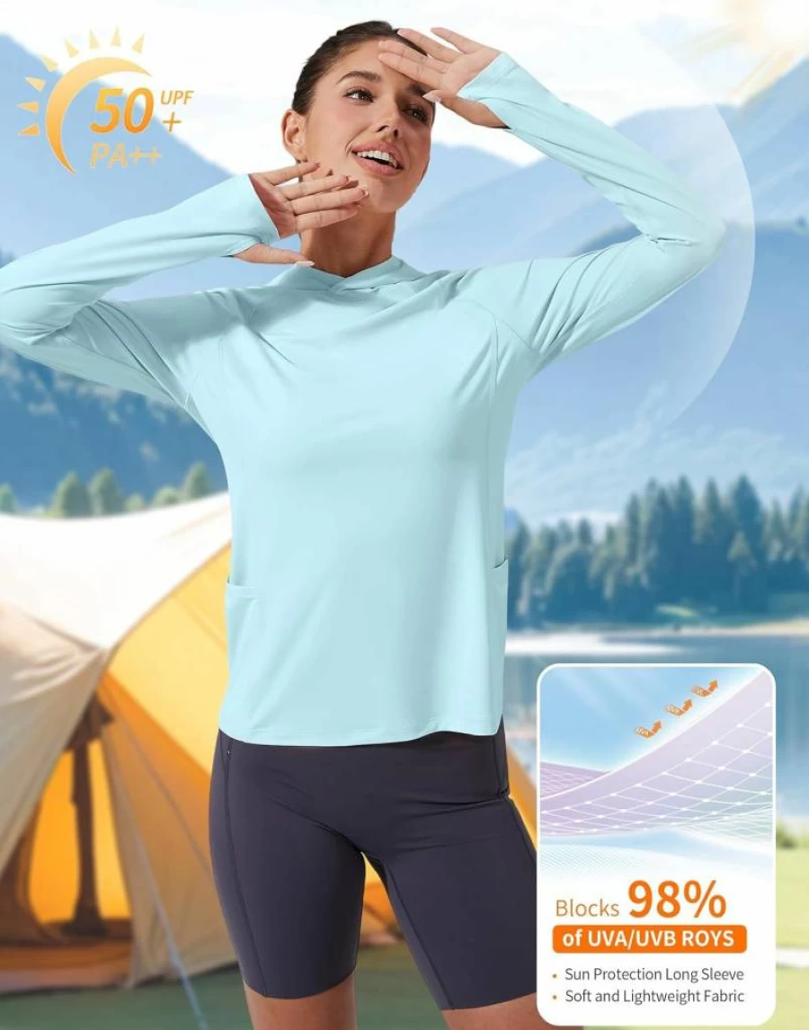 Pioneer Camp Women's UPF 50+ Sun Protection Hoodie - Lightweight Long Sleeve UV Shirt with Pockets for Hiking, Fishing & Outdoor Activities