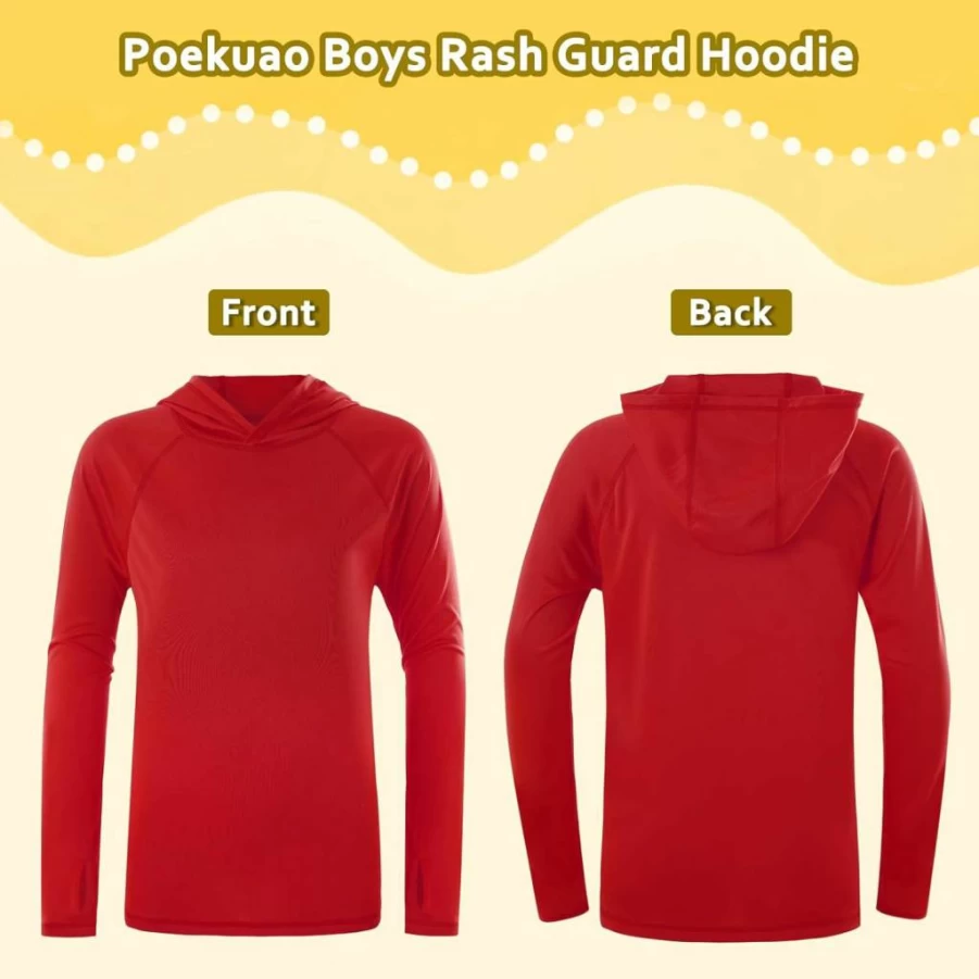 Poekuao UPF 50+ Boys Rash Guard Hoodie - Quick Dry Sun Protection Swim Shirt for Kids, Long Sleeve SPF Fishing & Beach Shirt
