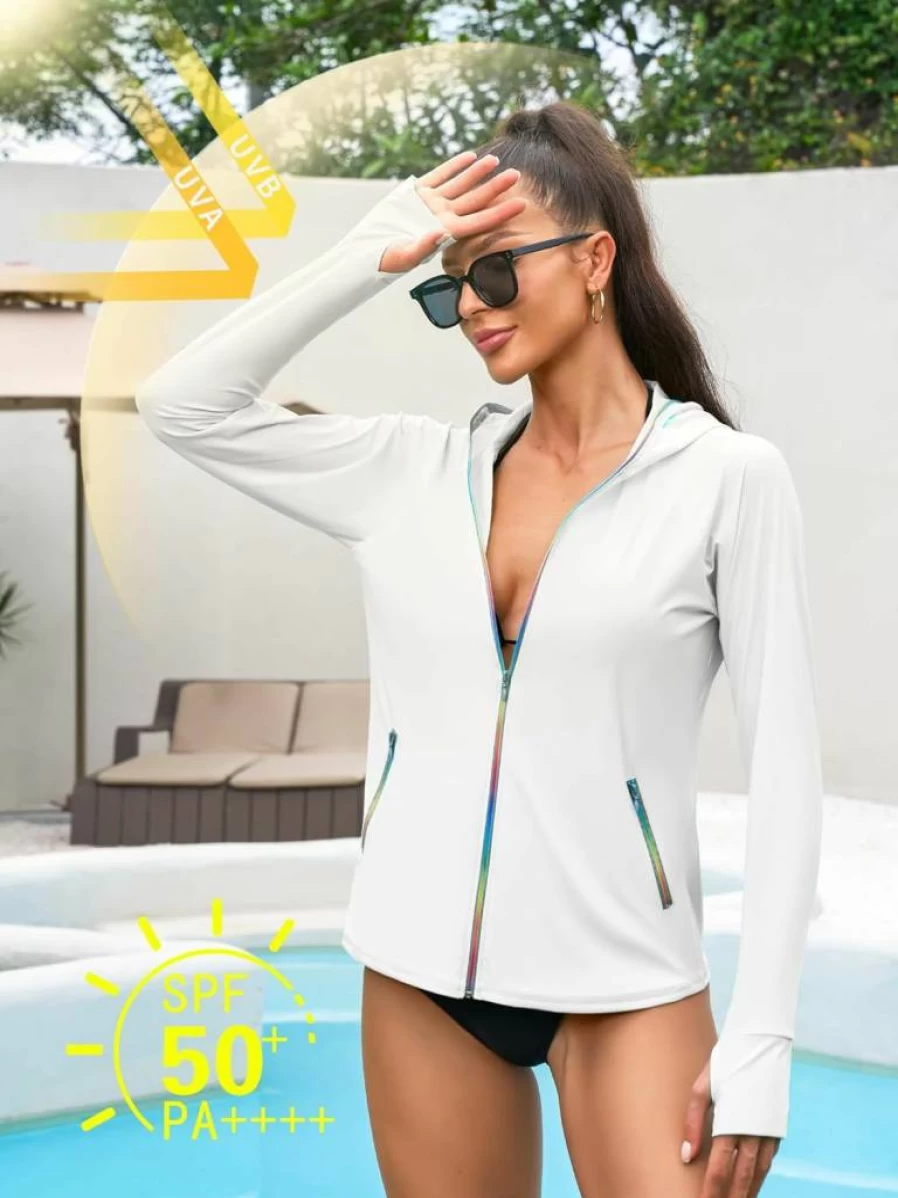 ATTRACO Women's Long Sleeve Zip Up Rash Guard Swim Shirt with Hood, Thumb Holes & Side Pockets for Sun Protection