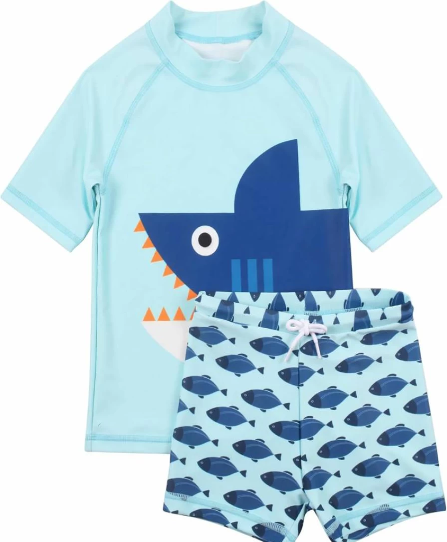 Cadocado Baby Boys' 2-Piece UPF 50+ Swim Set - Short Sleeve Rash Guard & Swim Trunks for Sun Protection