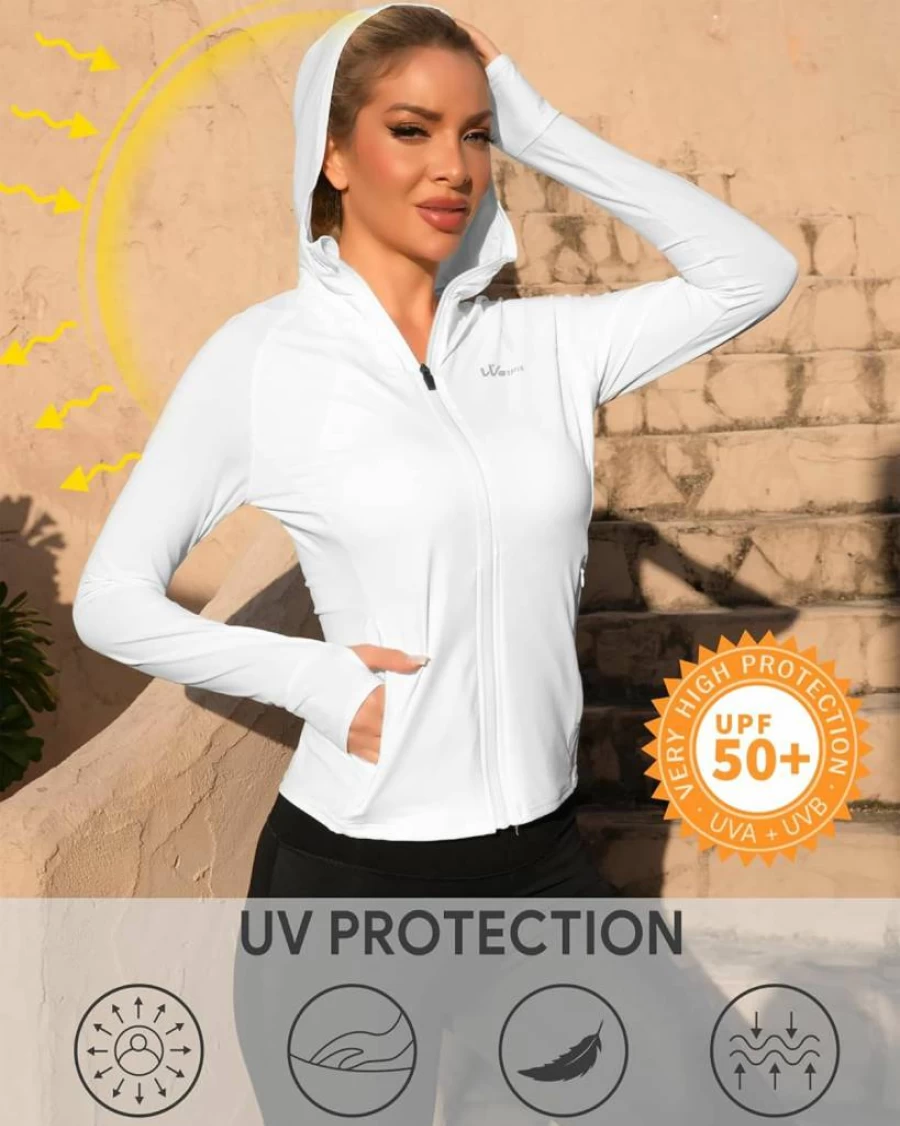 We1Fit Women's UPF 50+ Lightweight Sun Protection Hoodie - Long Sleeve Hiking & Outdoor Shirt with Pockets, Breathable Athletic Jacket for Running, Yoga, Travel