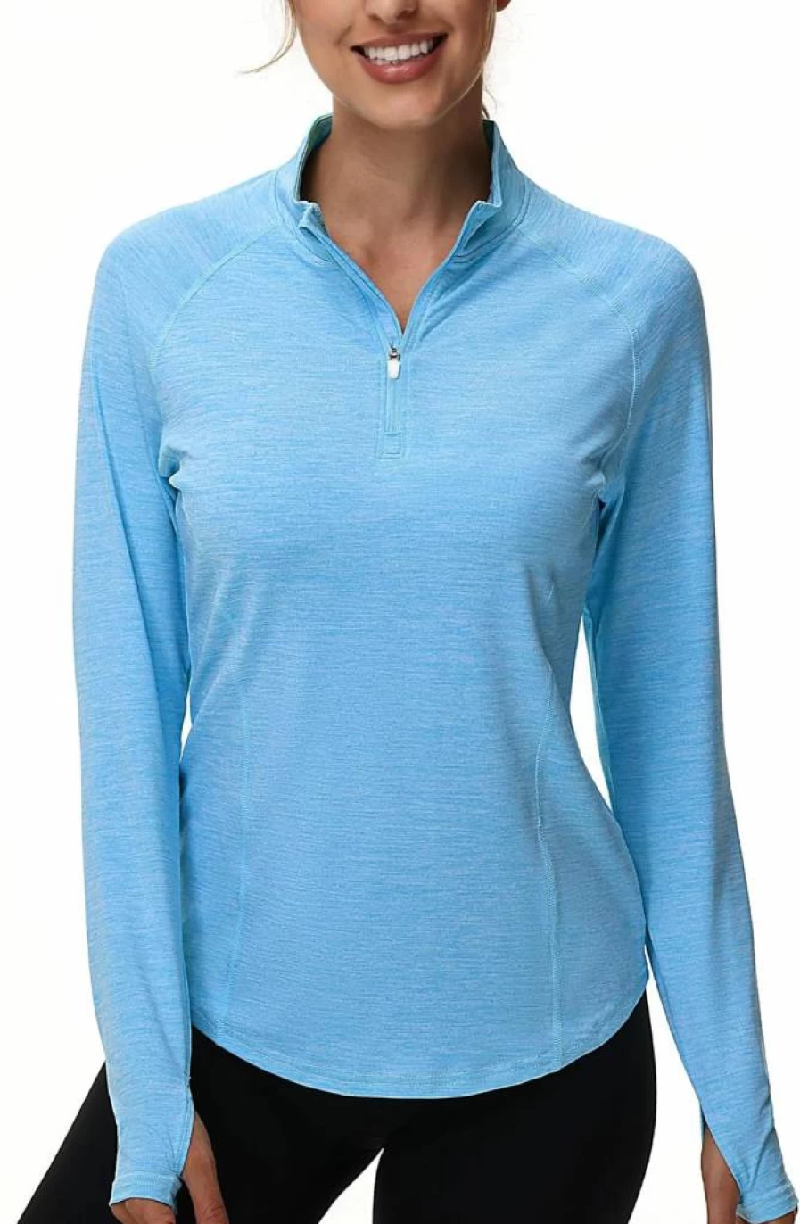 Isnowood Women's UPF 50+ Long Sleeve Rash Guard, 1/4 Zip Quick Dry Athletic Shirt for Hiking, Workout & Sun Protection