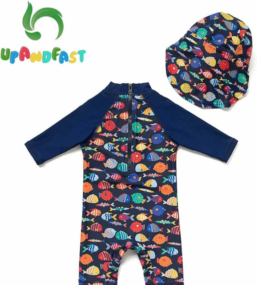 Upandfast Baby One Piece Swimsuit with Sun Hat UPF 50+ Sun Protection Infant Toddler Beach Swimwear Zipper Bathing Suit