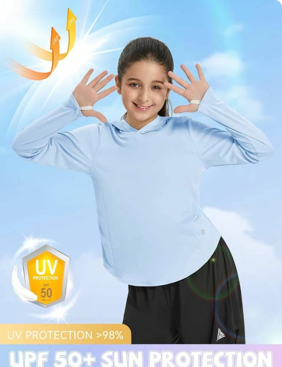 Baleaf Girls UPF 50 Sun Protection Hoodie - Long Sleeve Athletic Rash Guard Top for Kids UV SPF Clothing