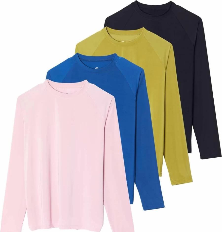 Real Essentials Women's UPF 50+ Long Sleeve Rash Guard Swim Top - 4 Pack Sun Protective Swimwear for Workout & Beach (Plus Size Available)