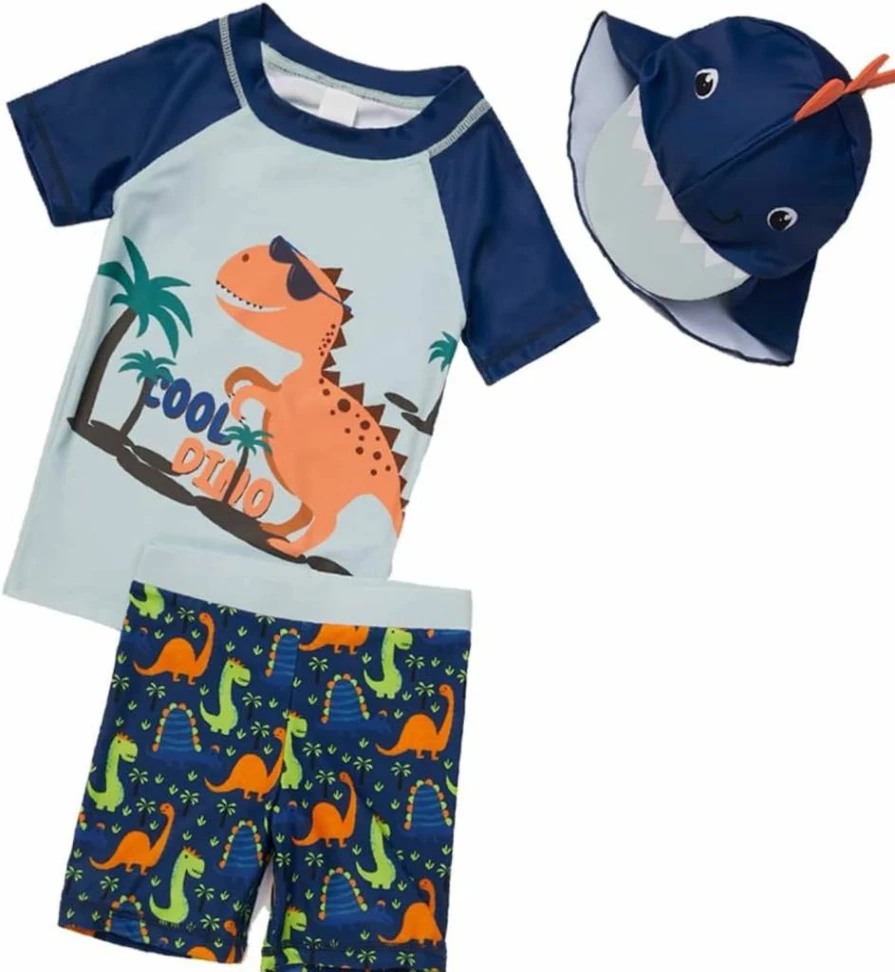 BAOPTEIL Boys' 3-Piece Shark Swim Set - UPF 50+ Rash Guard, Swim Shorts & Hat - Blue Toddler Beach Outfit - FBA