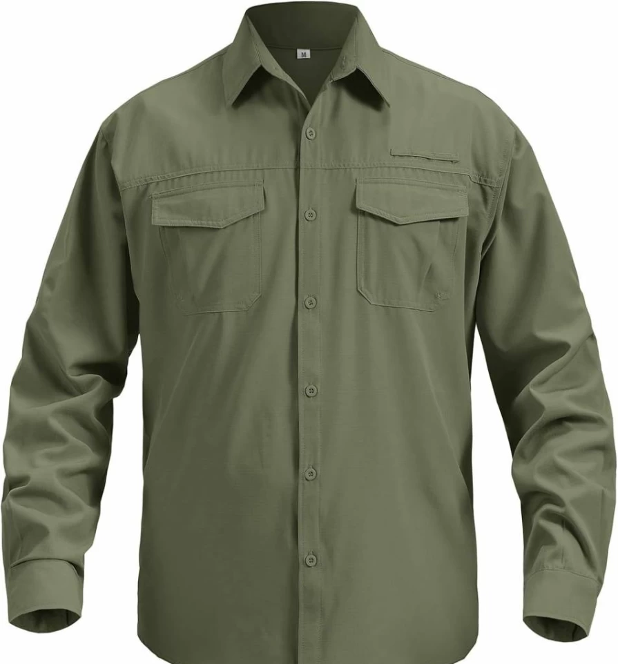 Jawtut Men's UPF 50+ Long Sleeve Safari Shirt - Army Green Quick Dry UV Protection Shirt for Hiking, Fishing & Outdoor Activities